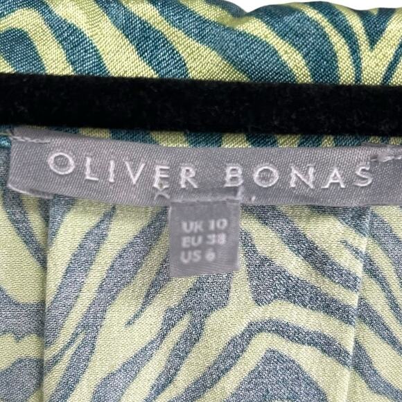 Oliver Bonas Green Satin Zebra Print Button Up Tie Front Collared Top 6 - Picture 3 of 6